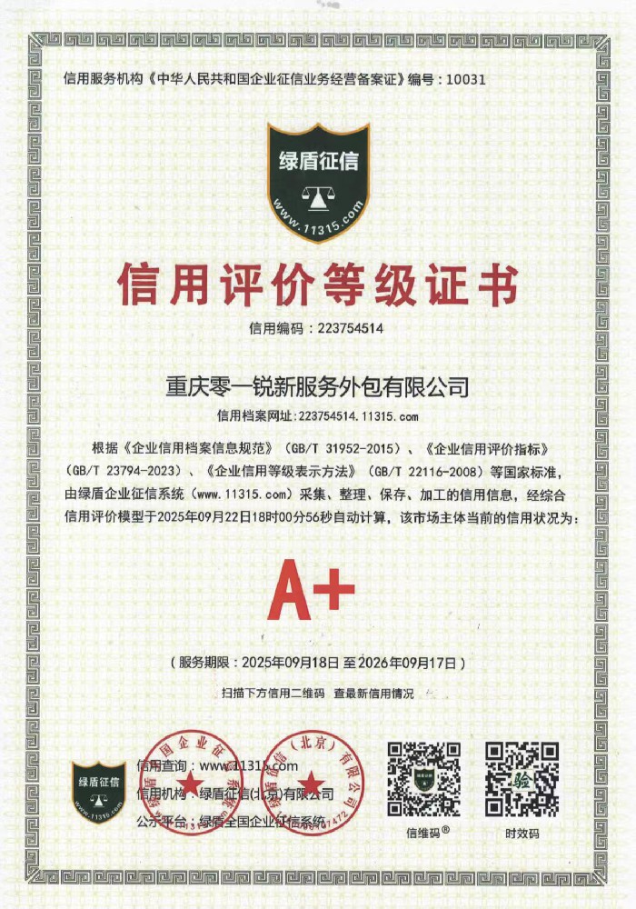 热烈祝贺重庆市万州区信用协会理事单位重庆零一锐新服务外包有限公司荣获全国企业征信系统“立信单位”及信用评价A＋级认证